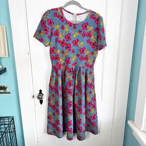 LuLaRoe Colorful Floral Amelia Dress Blue Pink Orange White A-Line Pockets Large